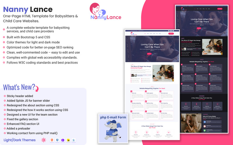 Nanny Lance – Modelo de site de babá de uma página com modo claro e escuro - Features Image 1
