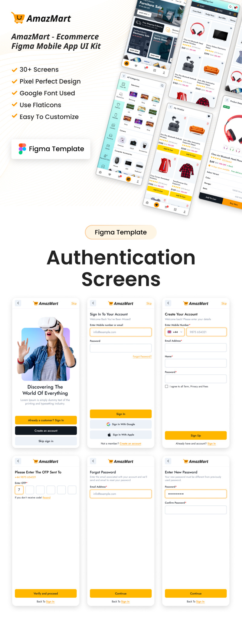 AmazMart - E-handel Figma Mobile App UI Kit - Features Image 1