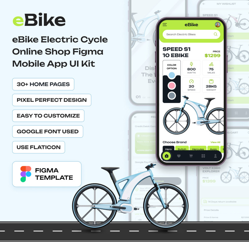 eBike - Electric Cycle Online Shop Figma Mobile App UI Kit - Features Image 1