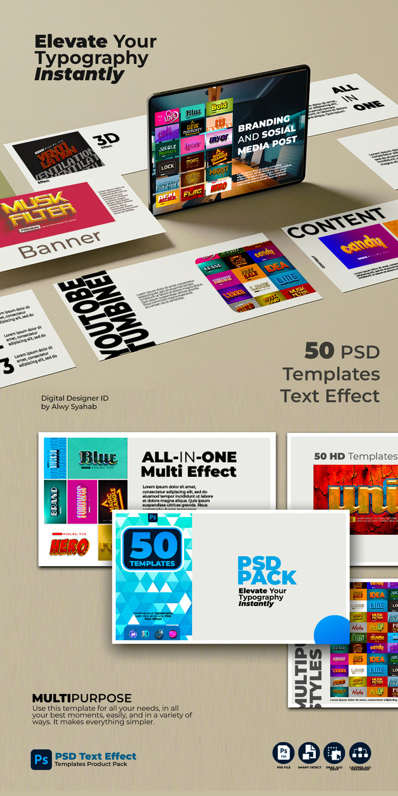 Pacchetto creativo: 50 effetti di testo PSD modificabili (modelli tipografici) - Caratteristiche Immagine 1