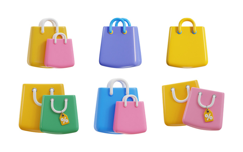 Conjunto de ícones de sacola de compras 3D com desconto Teg - Features Image 1