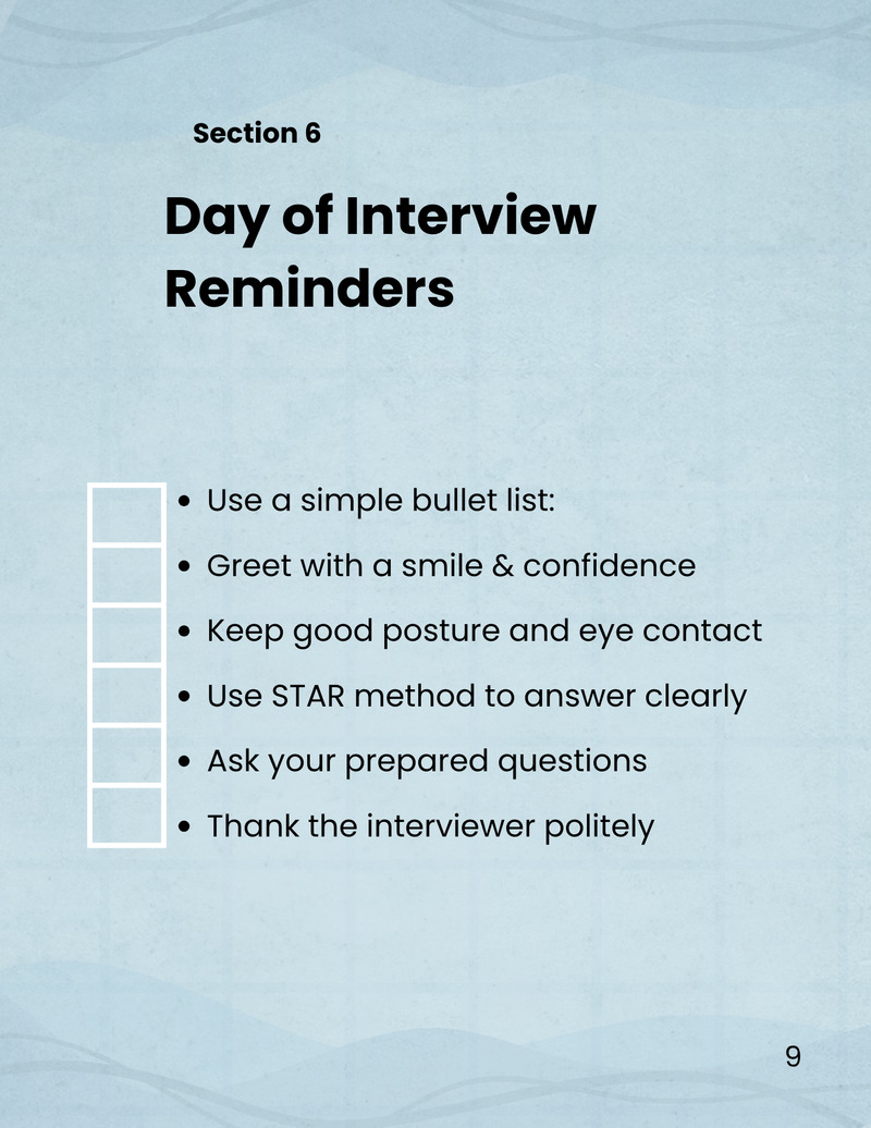 Toolkit für erfolgreiche Vorstellungsgespräche – 7-in-1-Leitfaden zum Ausdrucken + bearbeitbarer Canva-Tracker - Eigenschaften Bild 7