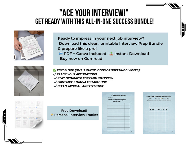 Toolkit für erfolgreiche Vorstellungsgespräche – 7-in-1-Leitfaden zum Ausdrucken + bearbeitbarer Canva-Tracker - Eigenschaften Bild 1