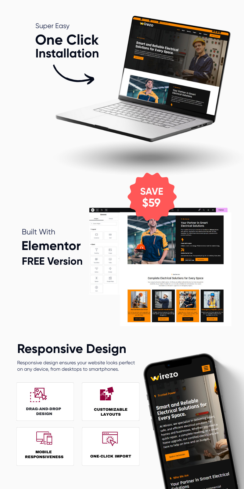 Wirezo – набор шаблонов WordPress Elementor для электриков и электротехнических услуг - Features Image 1