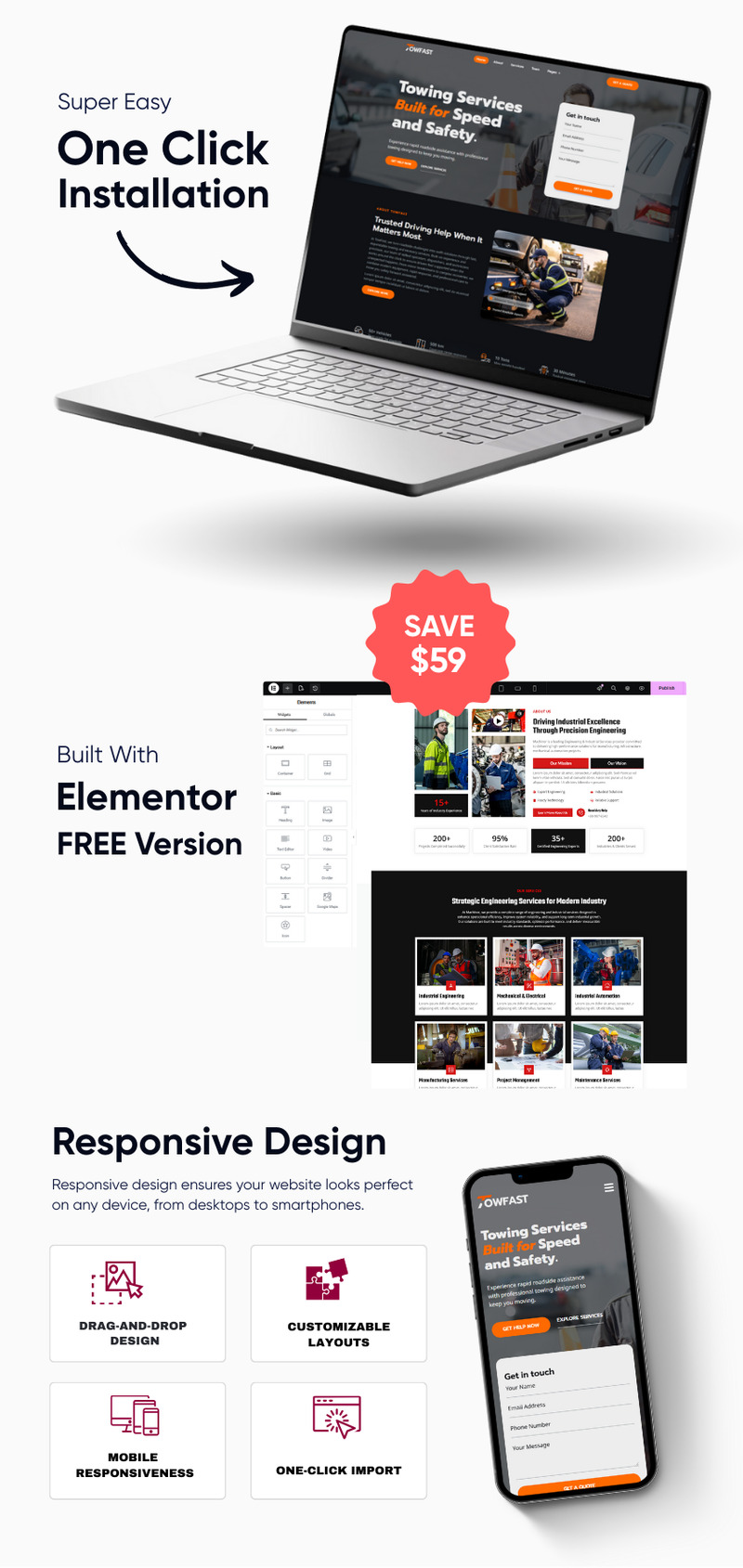 Towfast – Набор шаблонов WordPress для буксировки и помощи на дороге - Features Image 1