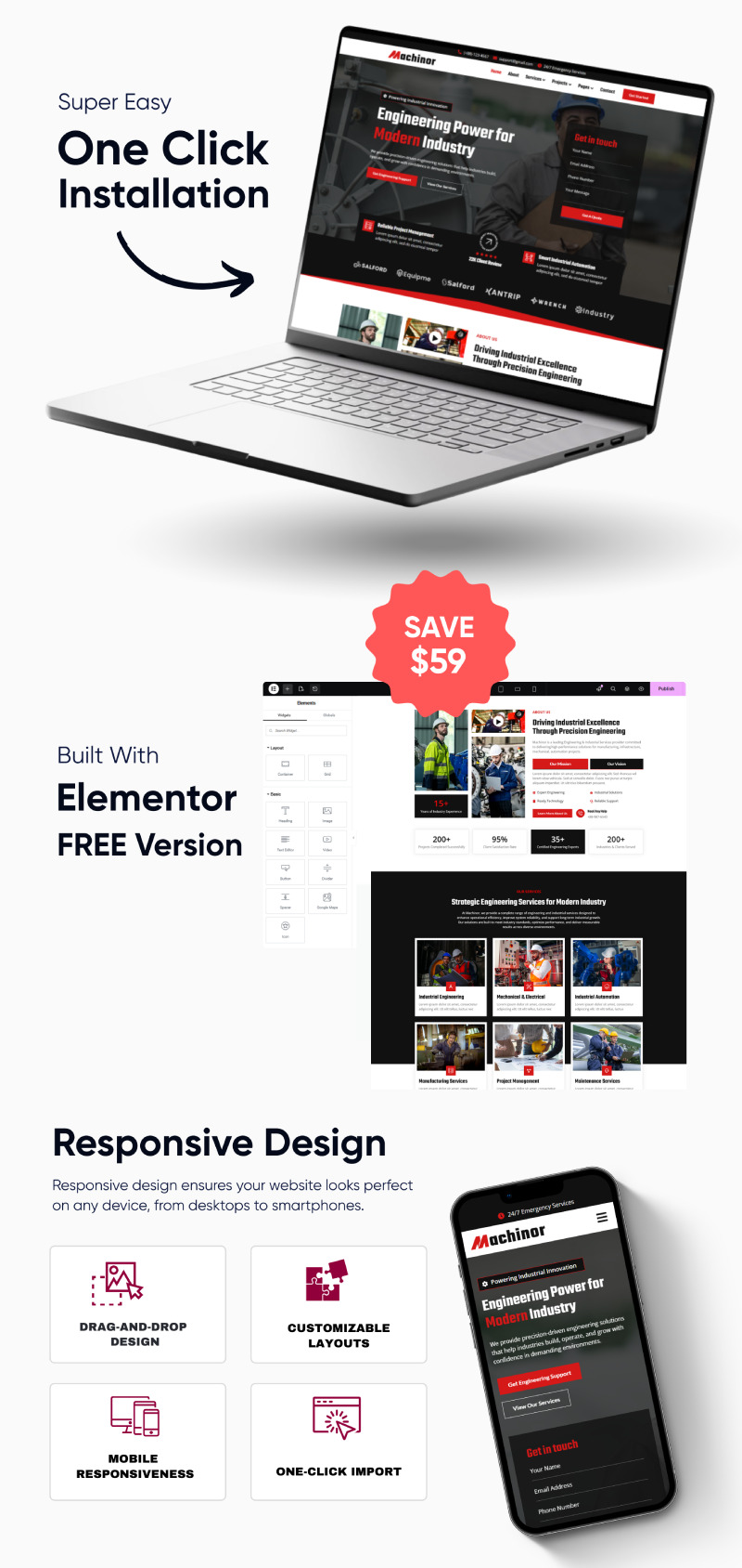Machinor - Industrial & Engineering Multipurpose WordPress Elementor Template Kit - Features Image 1