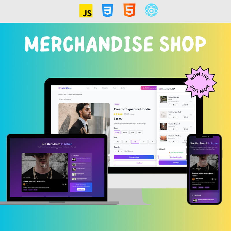 Influencer-merchbutik – Varumärkesbaserad, responsiv e-handelsmall med videor och varukorg - Features Image 2