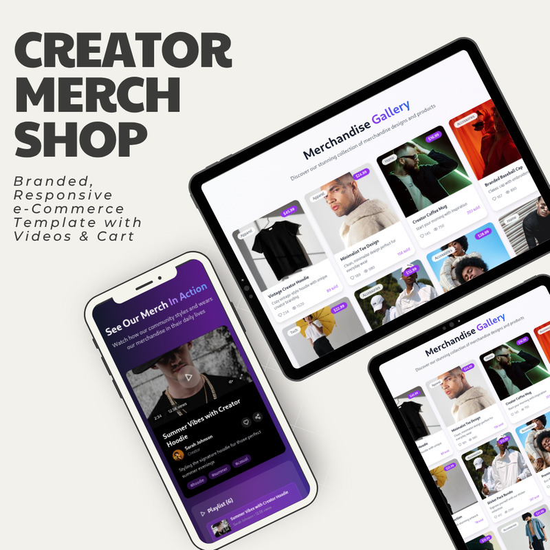 Influencer-merchbutik – Varumärkesbaserad, responsiv e-handelsmall med videor och varukorg - Features Image 1