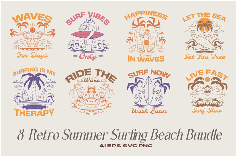Retro Summer Surfing Beach T-shirt Designs Bundle - Features Image 1