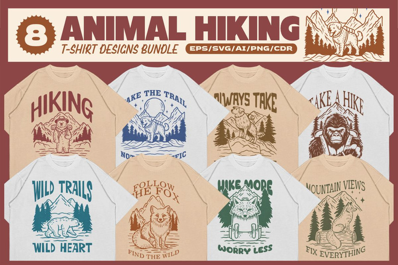 T-Shirt-Design-Paket mit Tiermotiven zum Wandern - Eigenschaften Bild 1