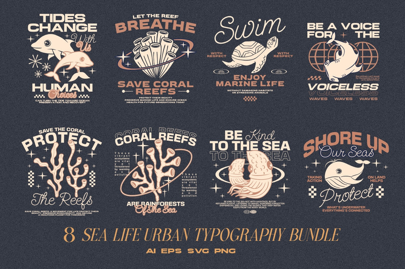 Sea Life Urban Typography T-shirt Designs Bundle - Features Image 1