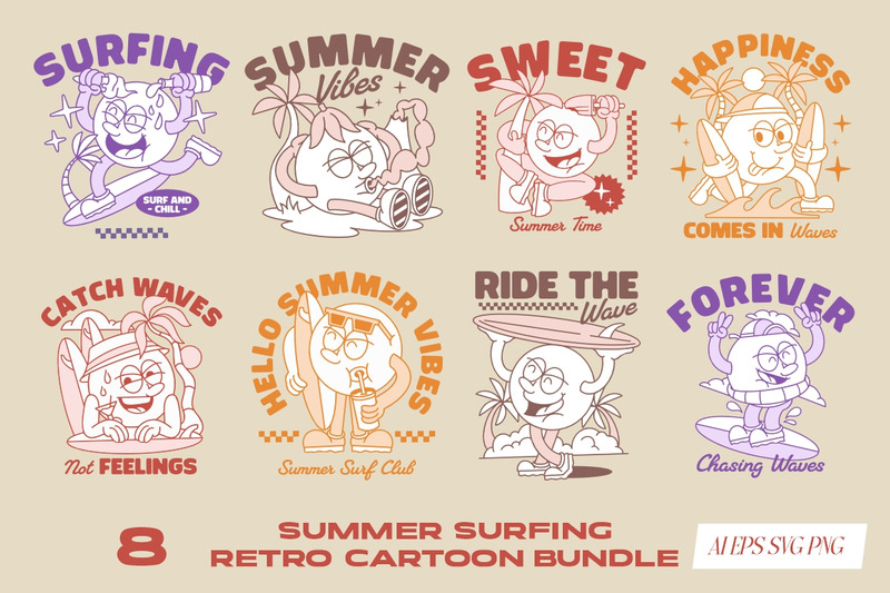 Summer Surfing Retro Cartoon T-shirt Designs Bundle - Features Image 1