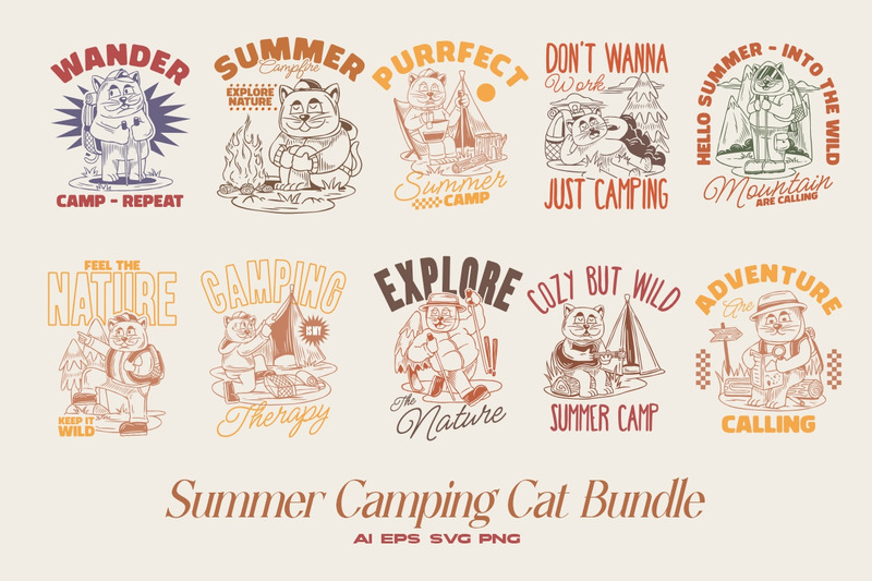 Summer Camping Cat T-shirt Designs Bundle - Features Image 1