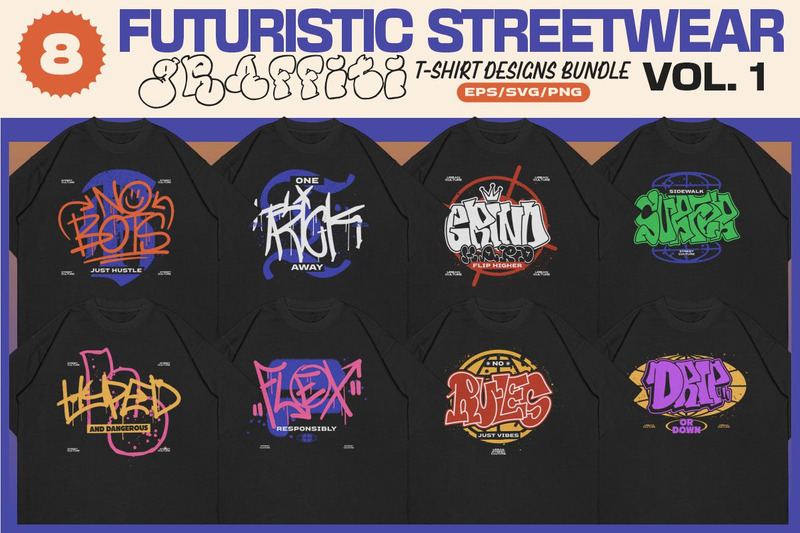Futuristic Streetwear Graffiti T-shirt Designs Bundle Vol. 1 - Features Image 1