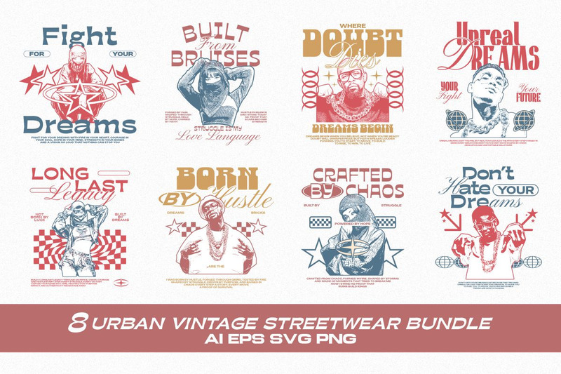 Urban Vintage Streetwear T-Shirt-Designs-Paket - Eigenschaften Bild 1