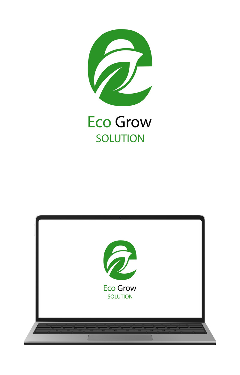 Grön bokstav e med blad inuti och texten eco grow solution, isolerad på vit bakgrund - Features Image 1