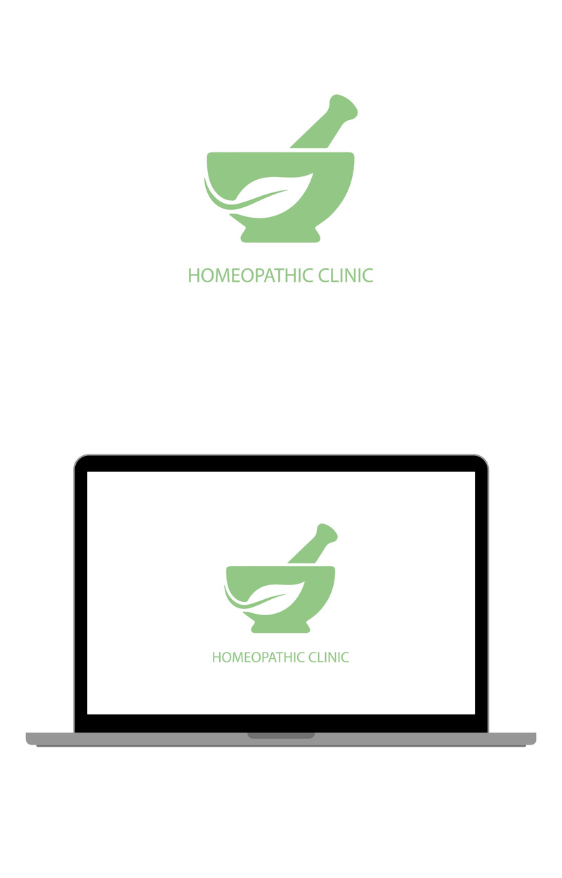 Logo d'une clinique homéopathique avec un mortier, un pilon et une feuille - Caractéristiques de l’image 1