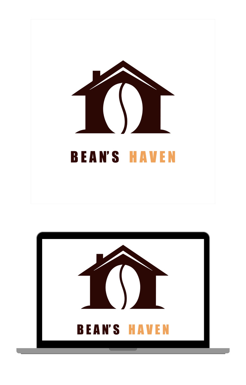 Chicco di caffè all'interno di un logo di una casa con testo Beans Haven isolato su sfondo bianco - Caratteristiche Immagine 1