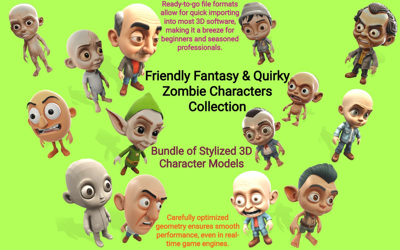 Przyjazna Fantastyka i Dziwaczna Kolekcja Postaci Zombie Model 3D - Obraz funkcji 1