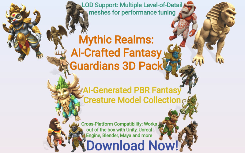 Mythic Realms: AI‑Crafted Fantasy Guardians 3D Pack 3D Model - Features Image 1