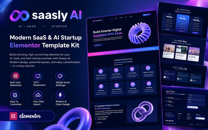 Saasly AI – Kit di modelli Elementor per aziende moderne SaaS, tecnologia, intelligenza artificiale e startup - Caratteristiche Immagine 1