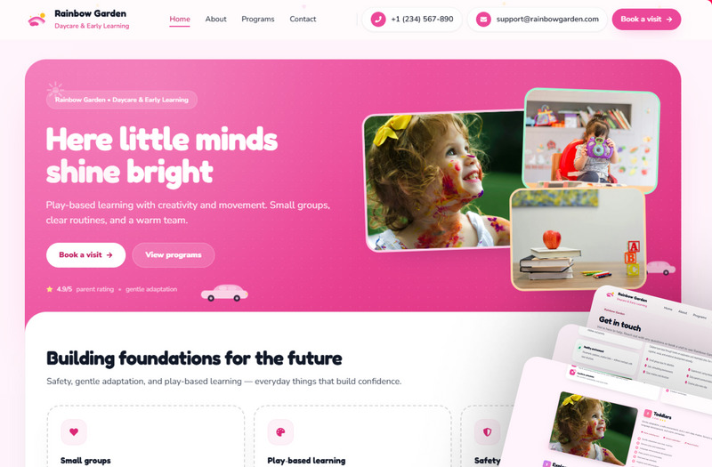Rainbow Garden – Premium-Kindertagesstätte & Kinderbetreuungszentrum (Next.js-Vorlage) - Eigenschaften Bild 1
