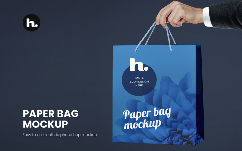 Maqueta de bolsa de papel PSD: Bolsa de papel realista con fondo editable (volumen 6) - Características Imagen 1