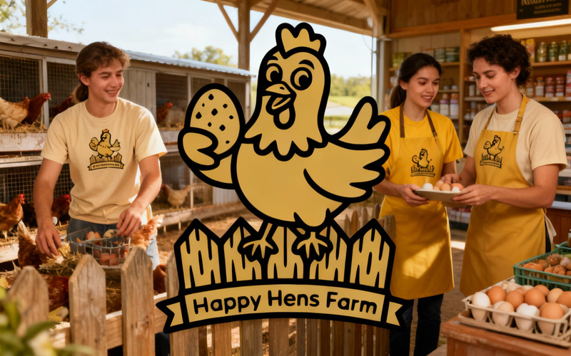 Happy Hens Farm Logo - Cartoon Chicken with Egg on Fence Vector Illustration - Features Image 2