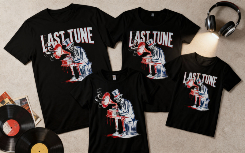 Skeleton with Gramophone - Last Tune Gothic Vector Illustration t-shirt - Features Image 2