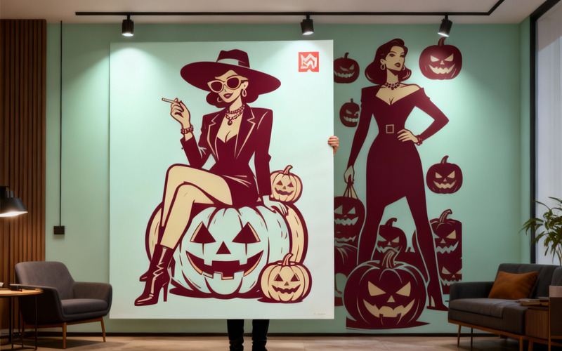Glamorous Female Halloween Characters with Pumpkins and Spooky Elements Vector Design - Features Image 2