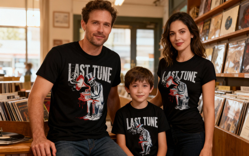 Skeleton with Gramophone - Last Tune Gothic Vector Illustration t-shirt - Features Image 1