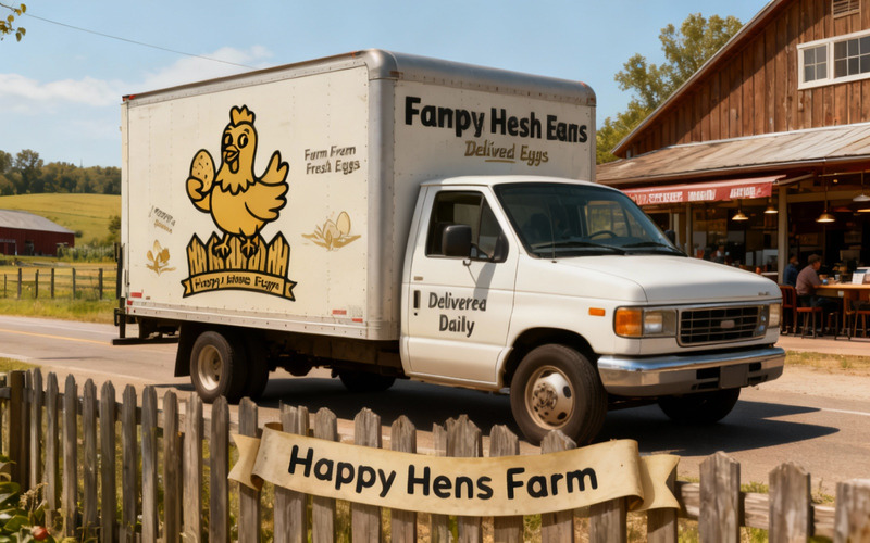 Happy Hens Farm Logo - Cartoon Chicken with Egg on Fence Vector Illustration - Features Image 1