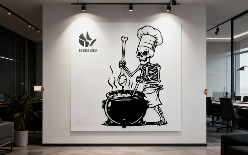 Skelettkockmatlagning – svartvit Halloween-vektordesign - Features Image 1