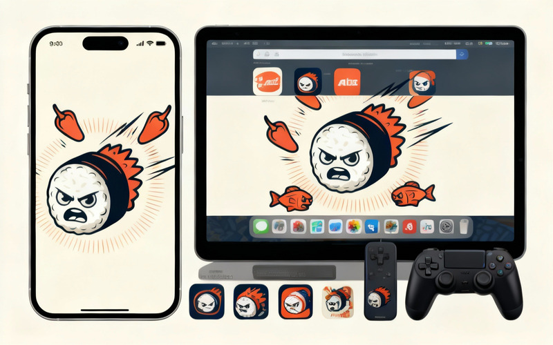 Kızgın Suşi | Koşan Biberler ve Balıklarla Komik Siyah Beyaz Japon Yemek Vektör Logosu - Features Image 1