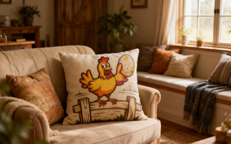 Happy Cartoon Chicken with Egg on Farm Fence - Vector Illustration - Features Image 1