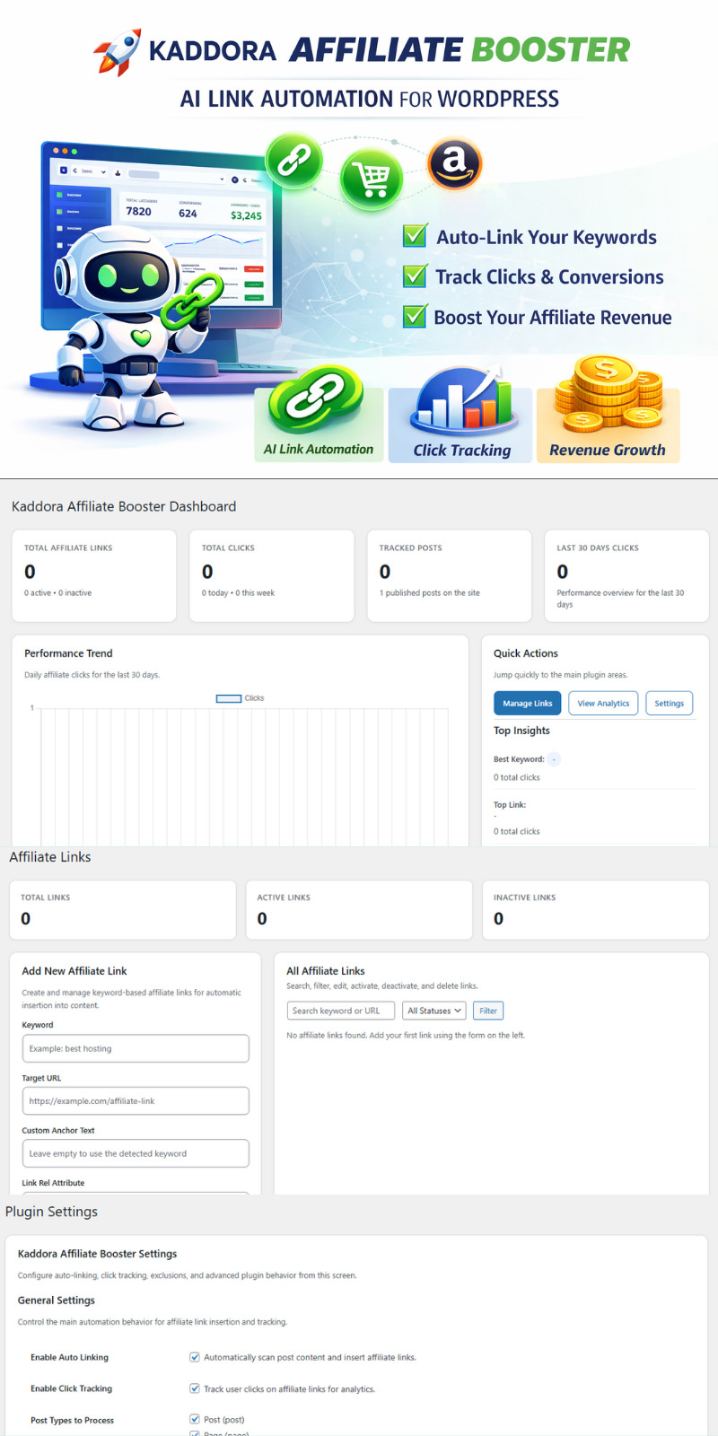 Kaddora Affiliate Booster AI-länkautomatiseringsplugin för WordPress - Features Image 1