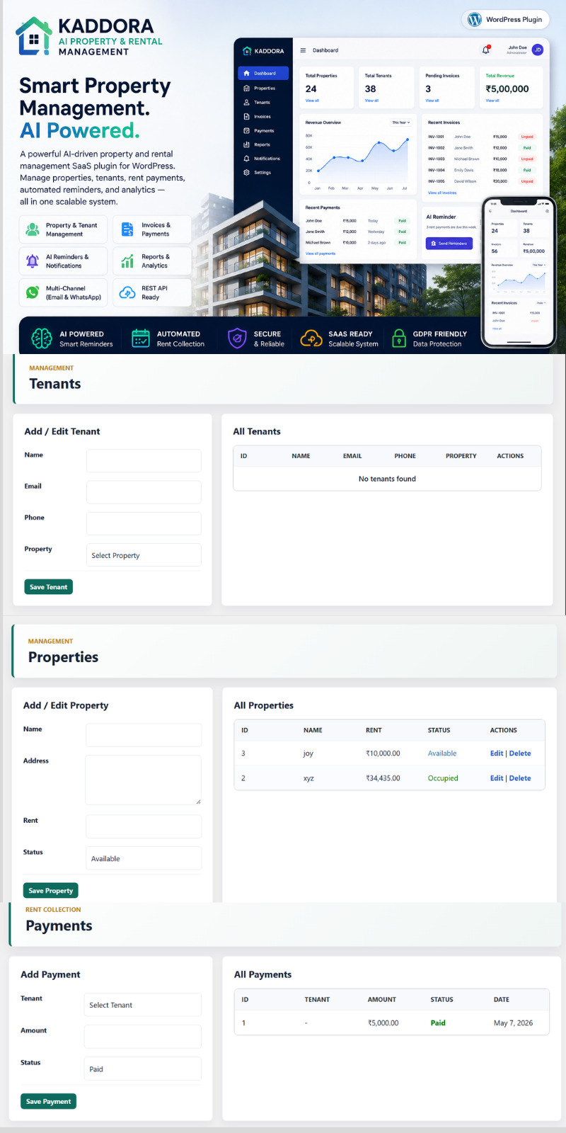 Kaddora AI 物业租赁管理 WordPress 插件 - Features Image 1