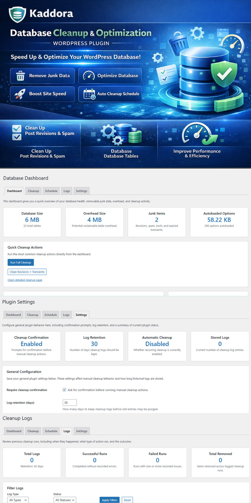 Kaddora Datenbankbereinigungs- und Optimierungs-Plugin für WordPress – Geschwindigkeitsbooster - Eigenschaften Bild 1
