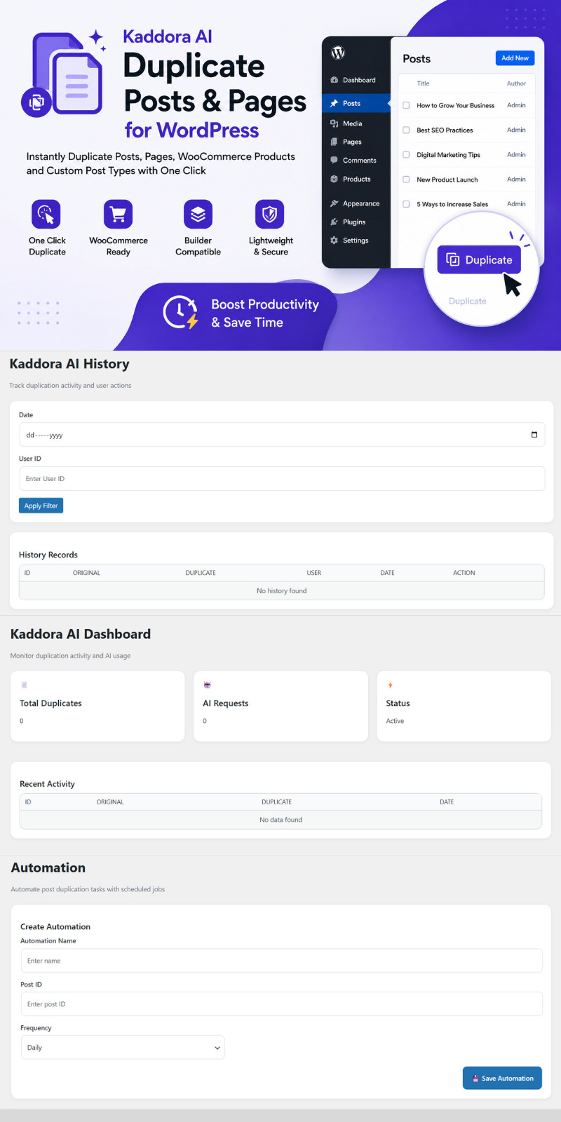 Kaddora AI duplicitní příspěvky a stránky pro WordPress - Features Image 1