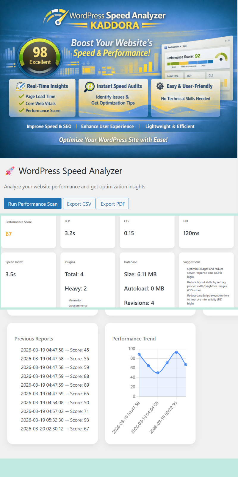 Plugin Kaddora pro analyzátor rychlosti WordPressu – nástroj pro výkon a rychlost načítání stránek - Features Image 1