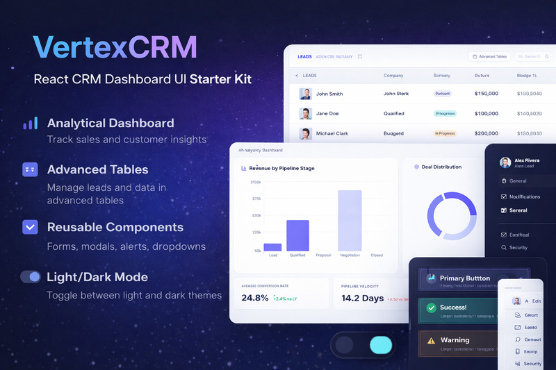 VertexCRM – React CRM irányítópult és felhasználói felület kezdőcsomag - Features Image 1