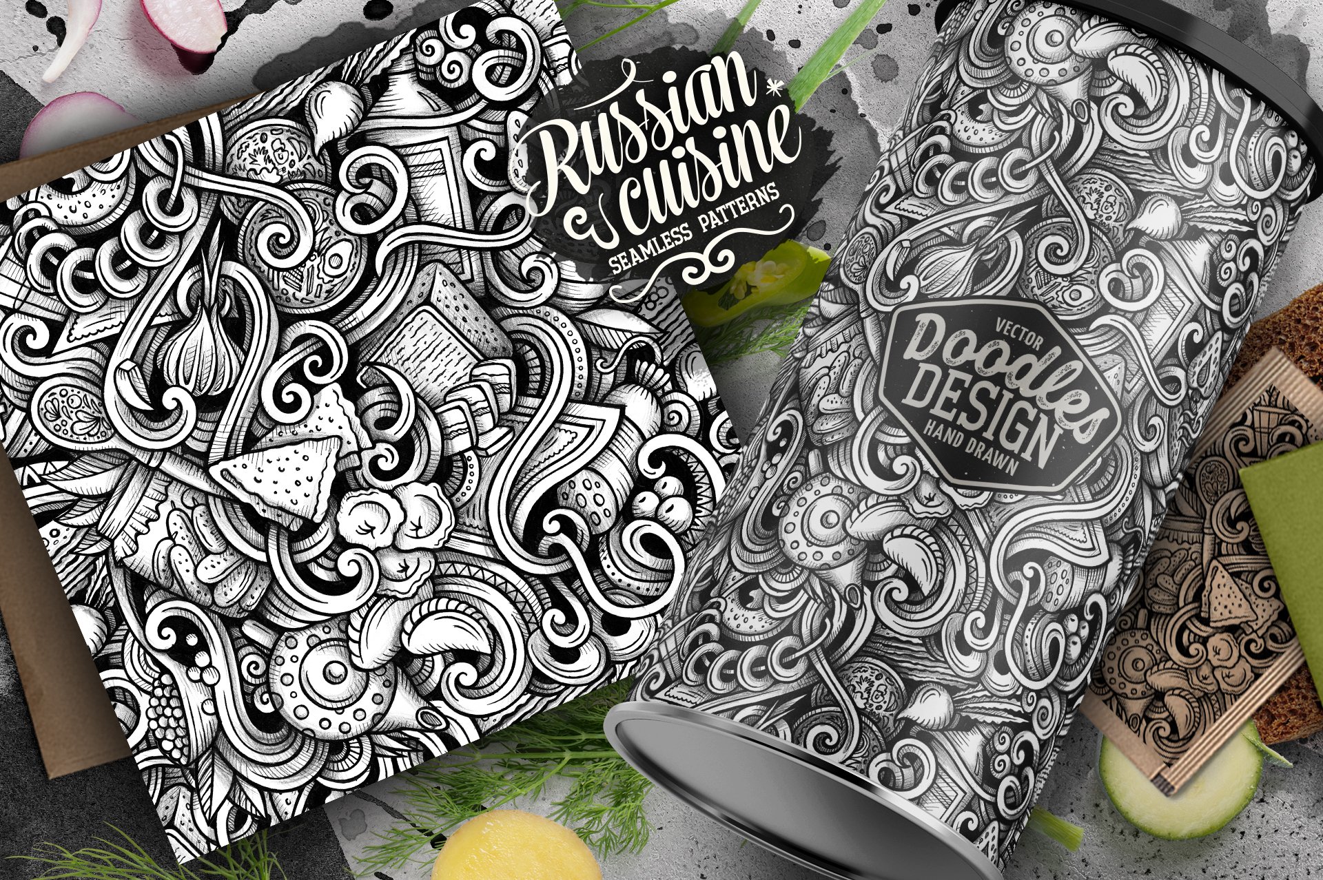 Download Pattern "Russian Food Graphics Doodles Seamless Pattern" / Russian Food Graphics Doodles Seamless Pattern - Pattern на тему графика vintage,hand-drawn,illustration,design,retro,cooking,country,doodles,collection,graphics,graffiti,restaurant,menu,background,black,product,cuisine,kitchen,grunge,drawing,dinner,cartoon,set,wa