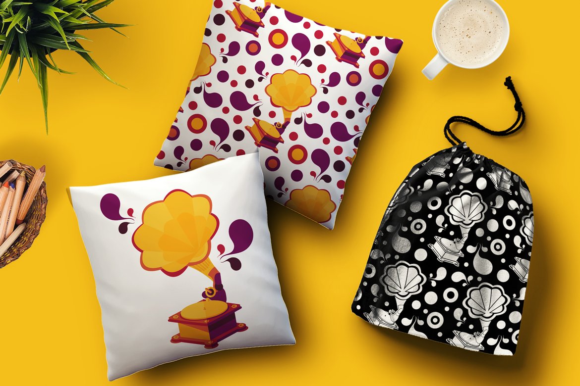 Download Pattern "Retro Gramophone Pattern" / Retro Gramophone Pattern - Pattern на тему графика vintage,logo,hand-drawn,illustration,design,retro,classic,fashion,decorative,vector,old,antique,texture,fabric,color,clipart,abstract,music,flat,musical,background,black,white,stencil,print,i