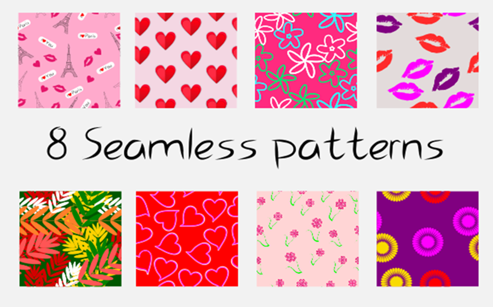 Download Pattern "8 Vector Seamless  for Valentine's Day Pattern" / 8 Vector Seamless  for Valentine's Day Pattern - Pattern на тему графика pattern,seamless pattern,love,eiffel tower,vector,heart,flowers,set,gift wrapping,fabrics