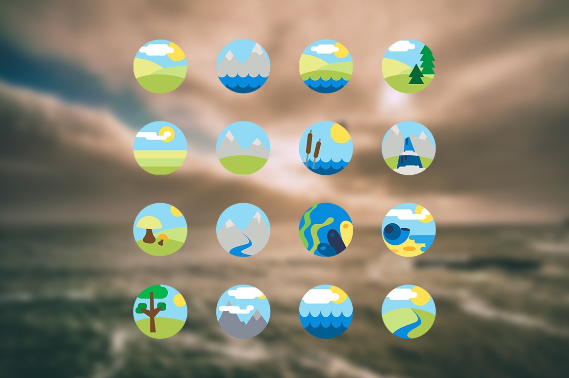 Download Набор иконок "96 Landscape Icon Set" / 96 Landscape Icon Set - Набор иконок на тему nature icon,hill,land,river,mountain,vector,water,sun,symbol,grass,sea,journey,sand,outdoor,tree,park,forest,eco,travel,ecology