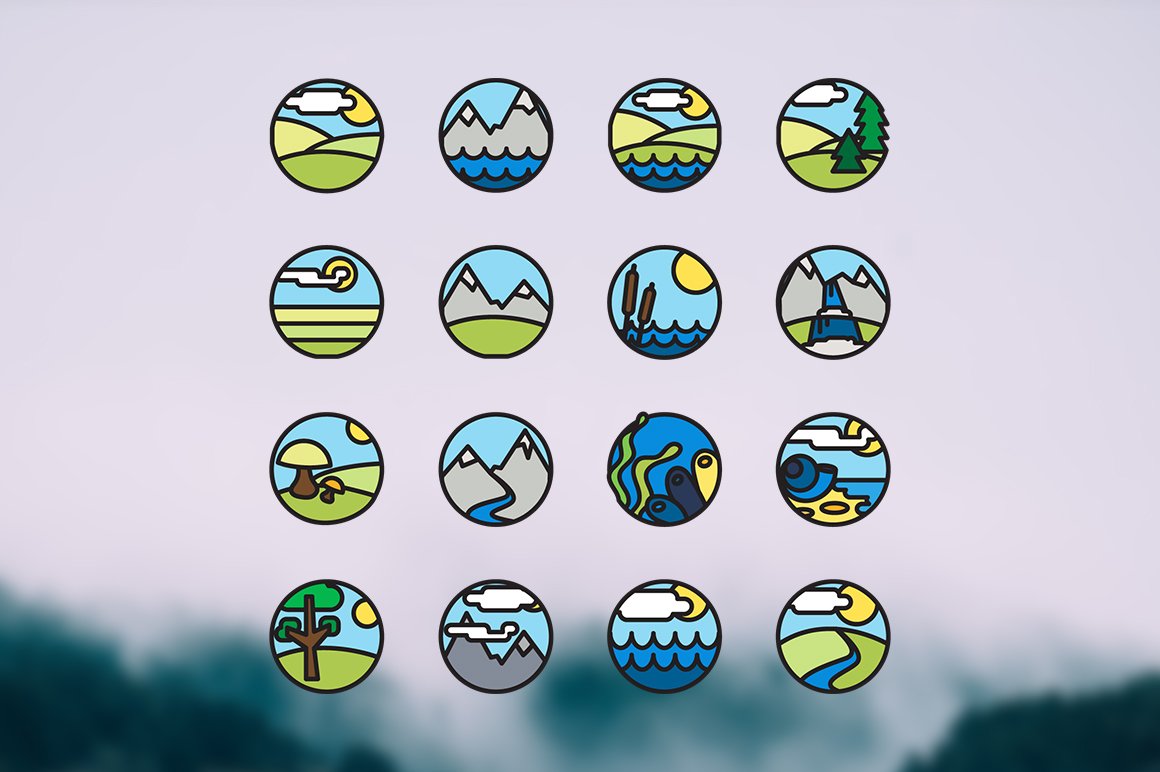 Download Набор иконок "96 Landscape Icon Set" / 96 Landscape Icon Set - Набор иконок на тему nature icon,hill,land,river,mountain,vector,water,sun,symbol,grass,sea,journey,sand,outdoor,tree,park,forest,eco,travel,ecology