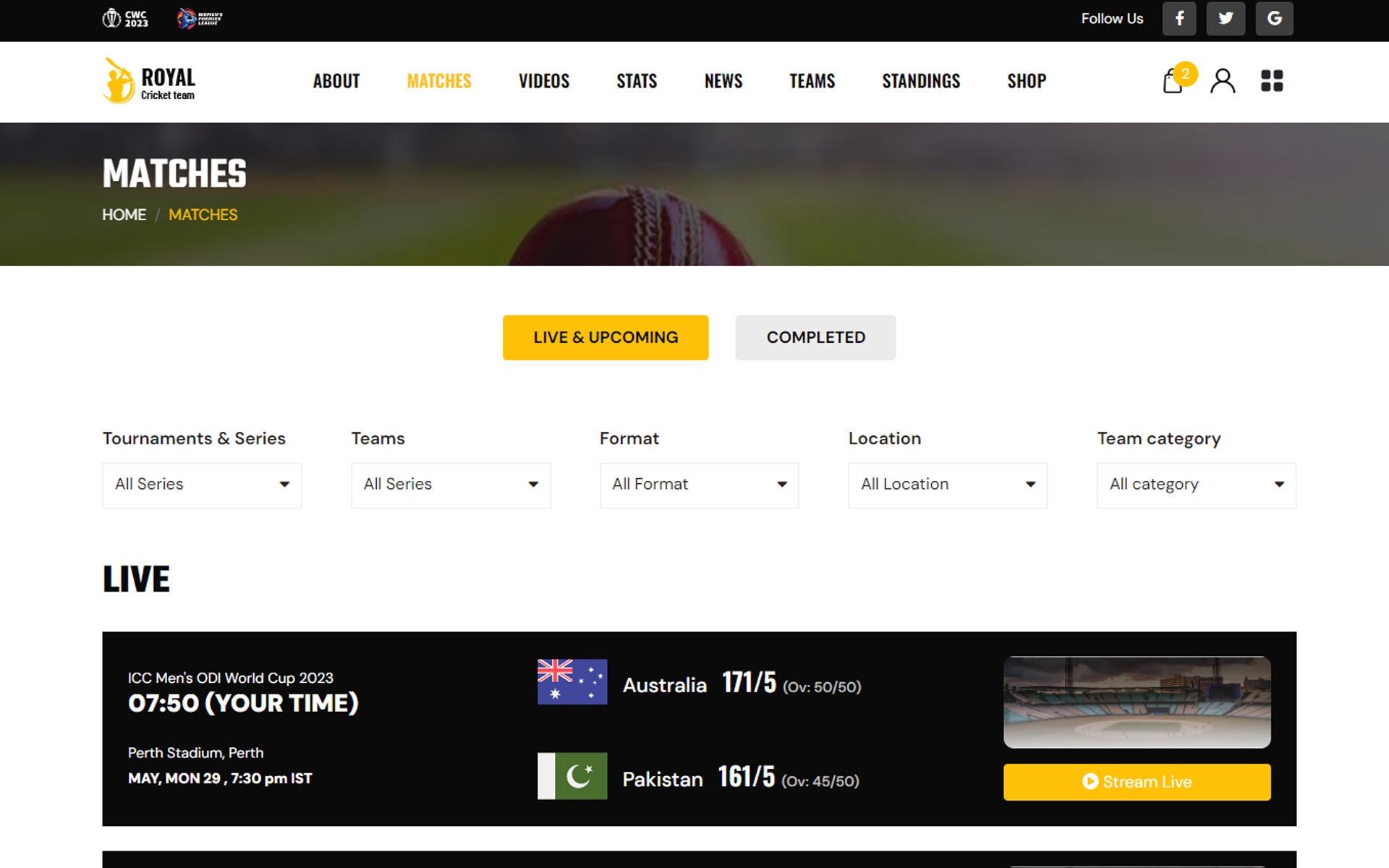 Royal Game - Cricket tournament, Team, Club Sports, HTML5 Website Template